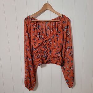 Free People Boho Floral Top Women's Small Orange Cropped Balloon Sleeves
